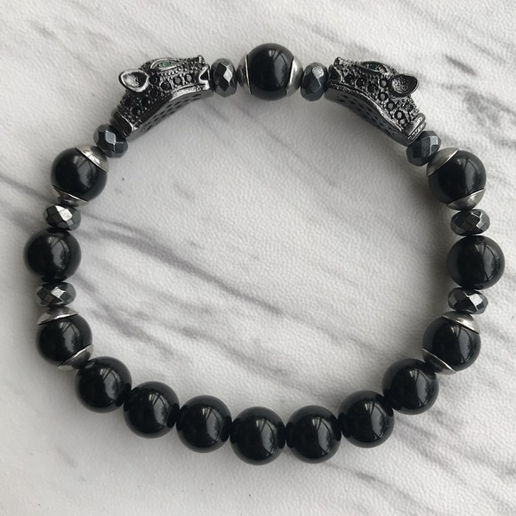 Black rodhium cz panther hematite onyx bracelet - Picture 4 of 8